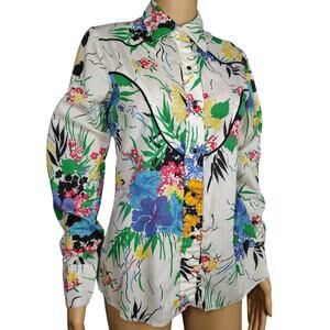 1970s Larry Mahan Floral Western Shirt Black Onyx Button Up Shirt Size Small